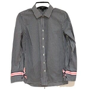 Pearly Vine Shirt Women’s Small Navy Blue Pink Gingham Plaid Ribbon Boutique EUC